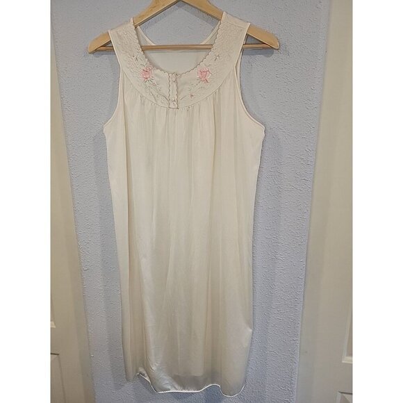 Vtg Lorraine Nightgown Midi Embroidered Ivory Slip Dress Nylon Cottage Granny M - Picture 2 of 7